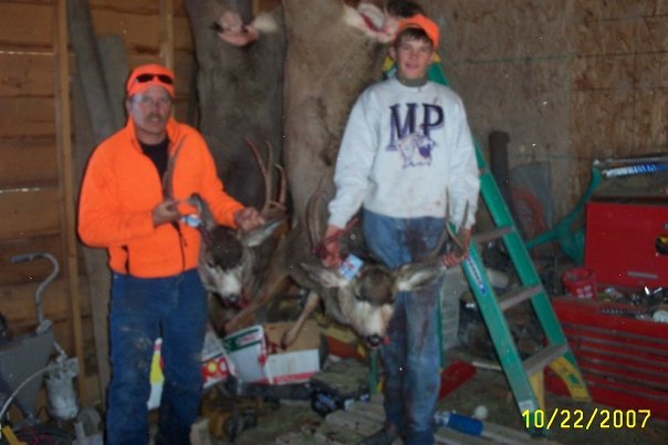 our 2 bucks together mine is wide and not very tall and had antlers more like a whitetail almost my dads is narrow and tall but they were both hangin out together we shot them 15 yards apart